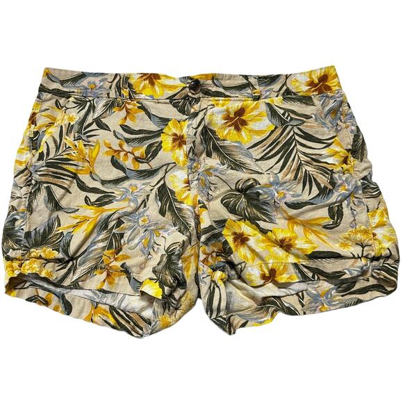Old Navy Everyday Shorts Women 16 Beige Yellow Floral Linen Blend Mid Rise - Picture 1 of 8